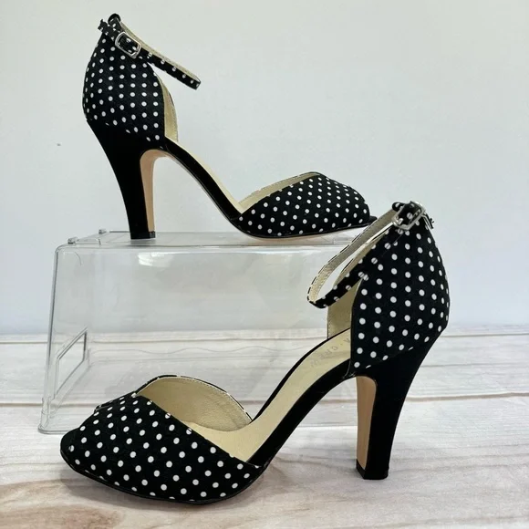 Lola Black & White Polka Dot Heels Peep Toe Ankle Strap ModCloth by Chelsea Crew - Picture 1 of 14
